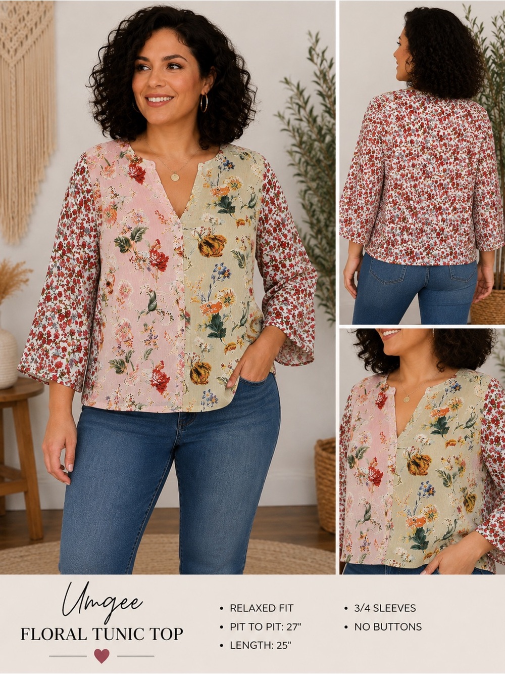 Umgee Floral Mixed Print Boho Blouse Pink Ivory Sage Size M (generous fit)
